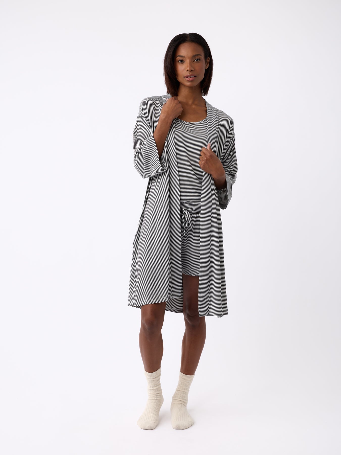 Eclipse Mini Stripe@woman wearing a eclipse mini stripe cozy earth robe