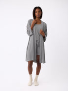 Eclipse Mini Stripe@woman wearing a eclipse mini stripe cozy earth robe