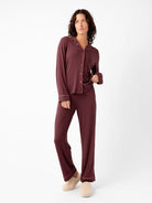 Burgundy@woman wearing burgundy cozy earth pajamas