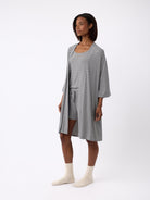 Eclipse Mini Stripe@woman wearing a eclipse mini stripe cozy earth robe
