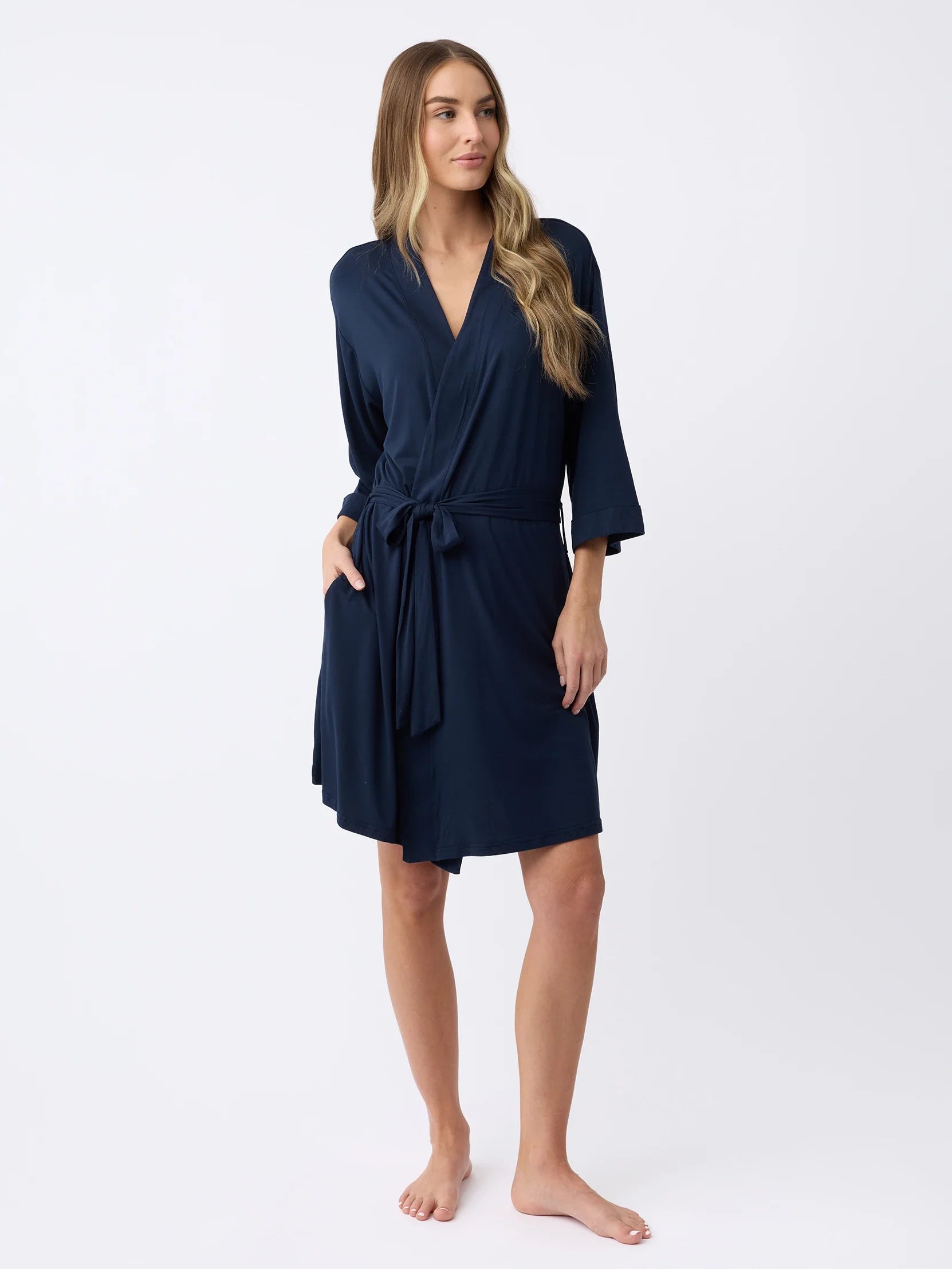 Navy@woman wearing a navy cozy earth robe