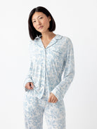 Sky Toile@woman wearing sky toile cozy earth pajamas