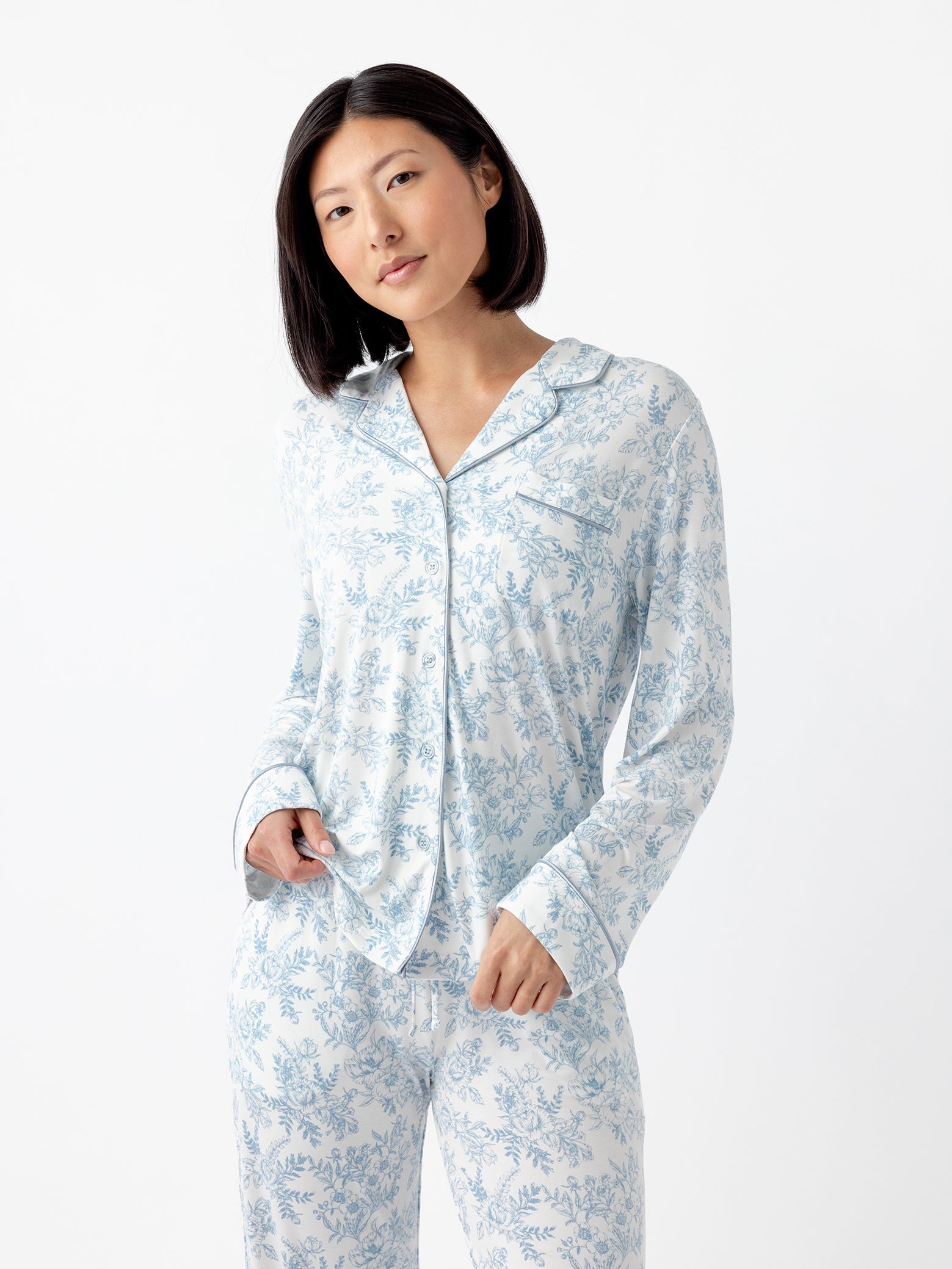 Sky Toile@woman wearing sky toile cozy earth pajamas