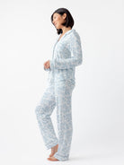Sky Toile@woman wearing sky toile cozy earth pajamas