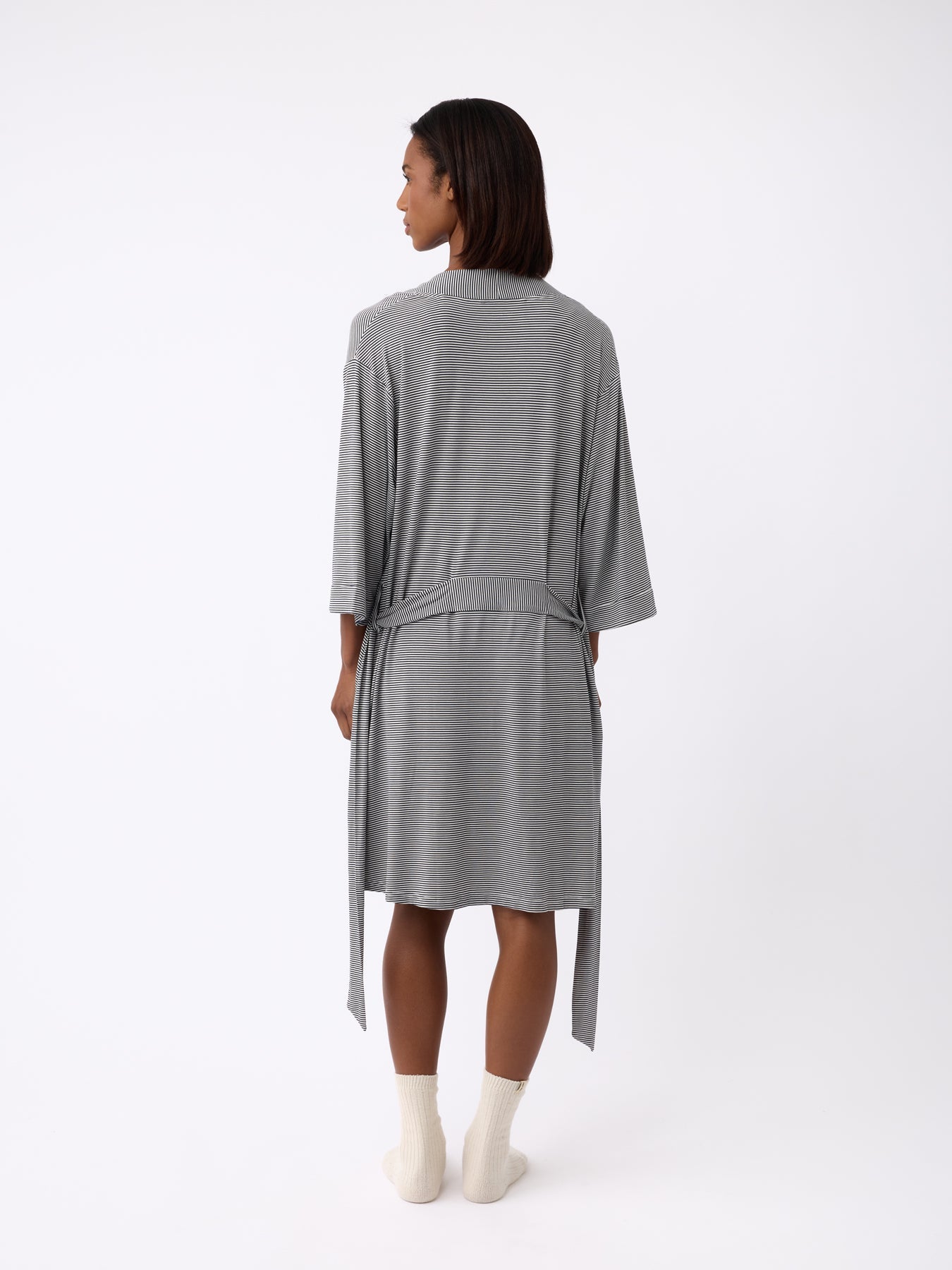 Eclipse Mini Stripe@woman wearing a eclipse mini stripe cozy earth robe