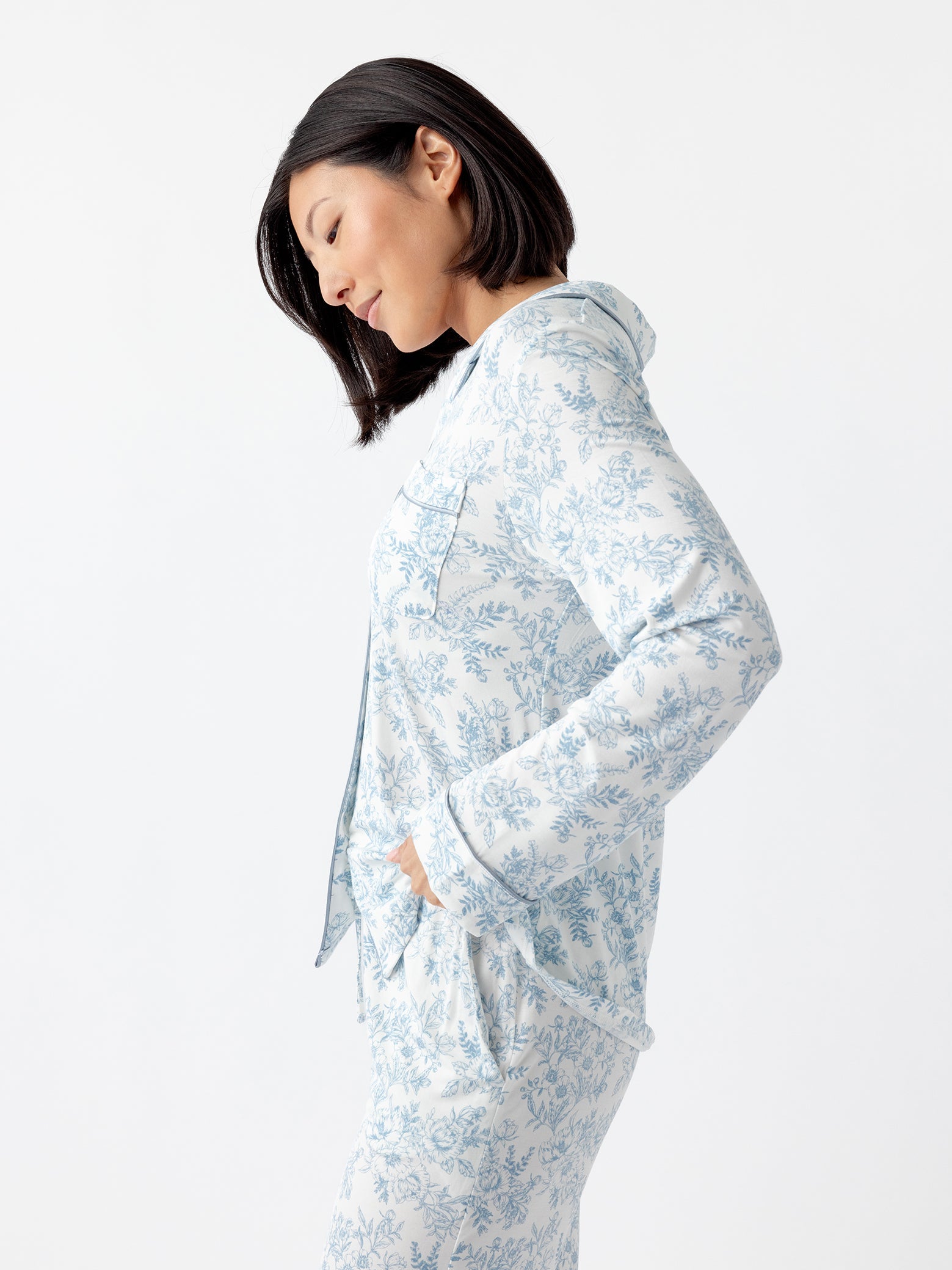 Sky Toile@woman wearing sky toile cozy earth pajamas
