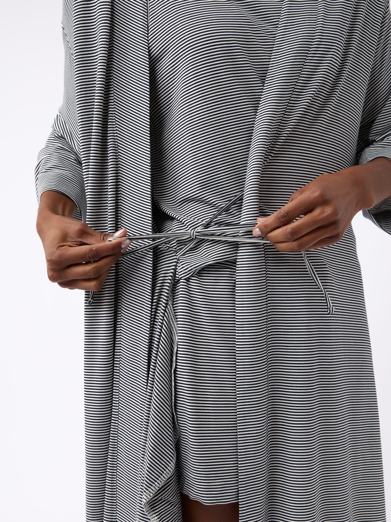 Eclipse Mini Stripe@woman wearing a eclipse mini stripe cozy earth robe