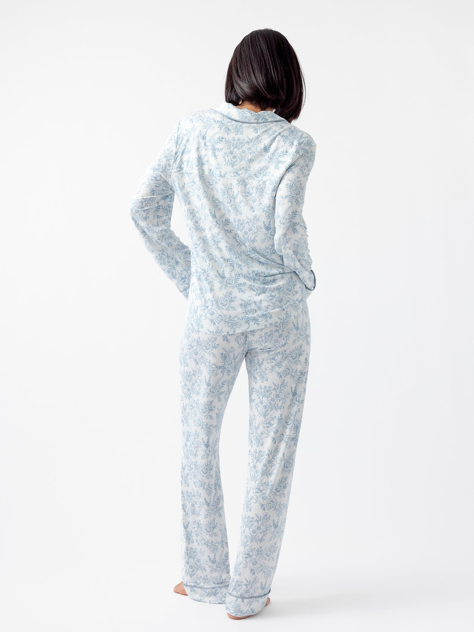 Sky Toile@woman wearing sky toile cozy earth pajamas