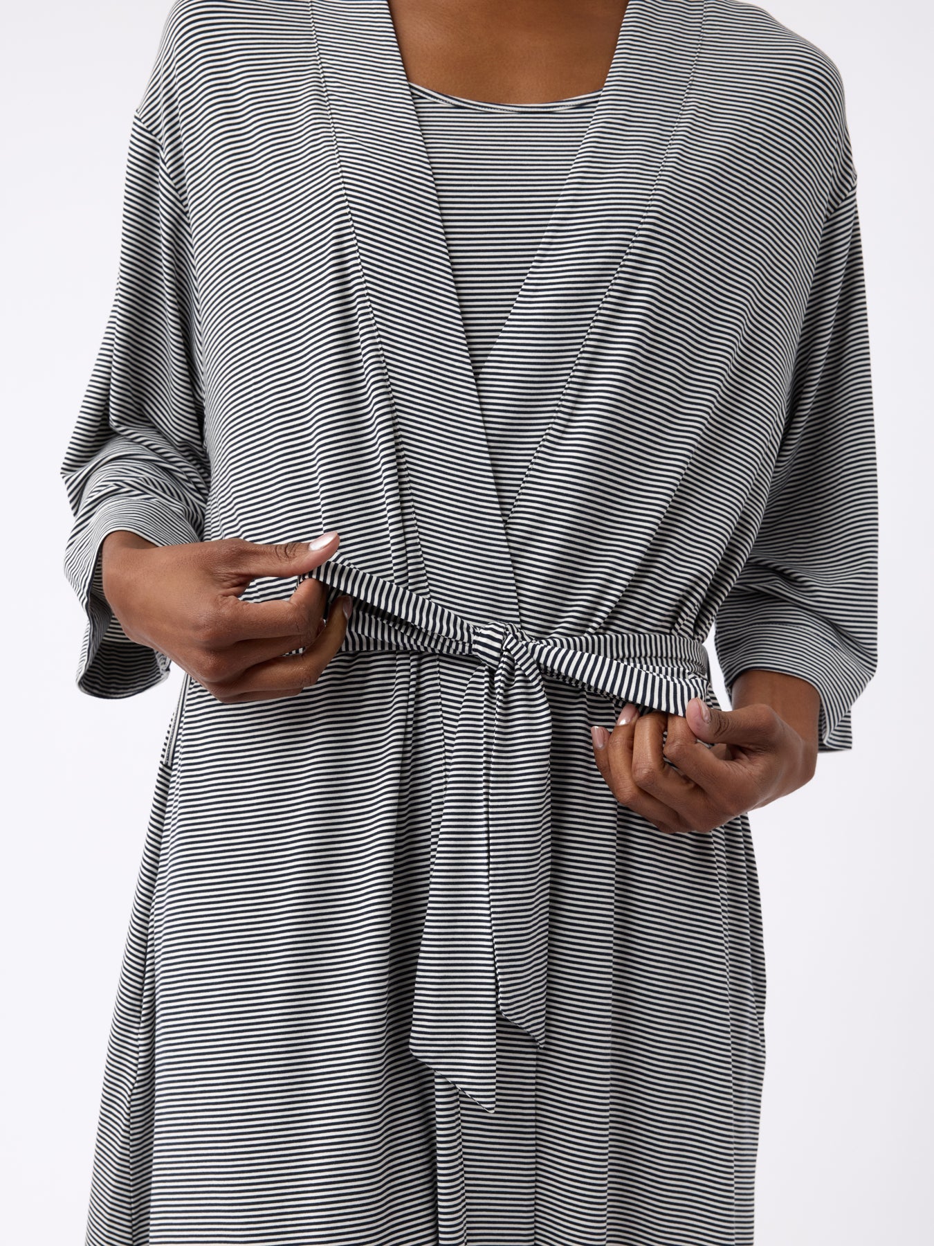 Eclipse Mini Stripe@woman wearing a eclipse mini stripe cozy earth robe