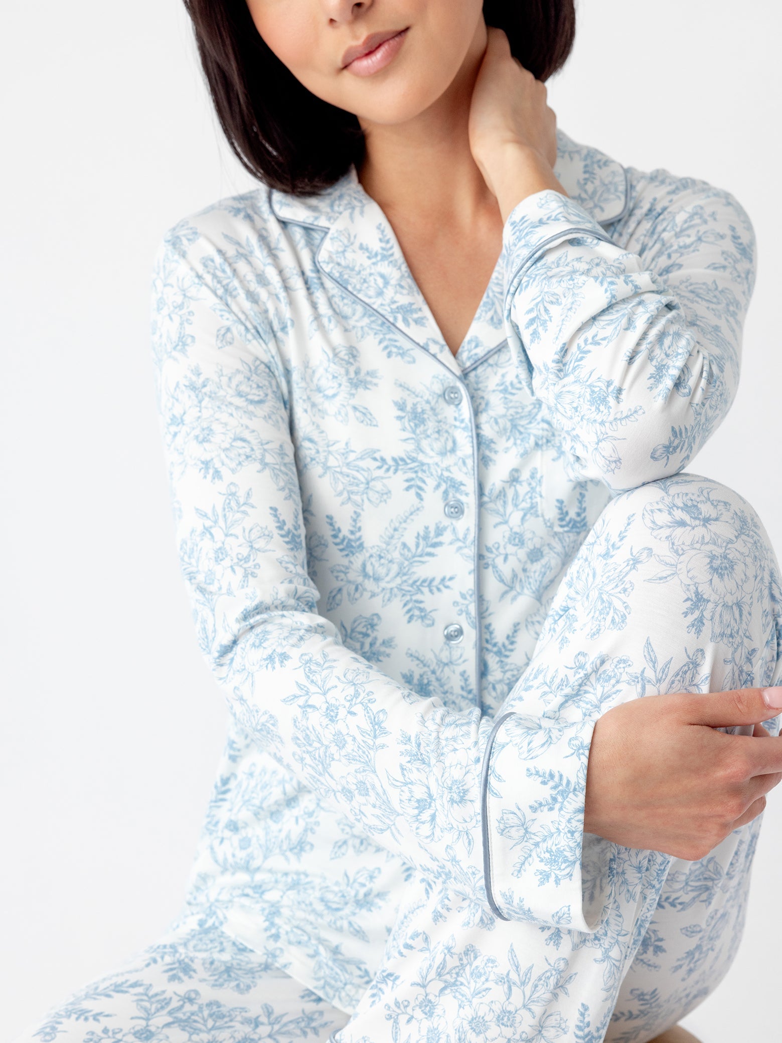Sky Toile@woman wearing sky toile cozy earth pajamas