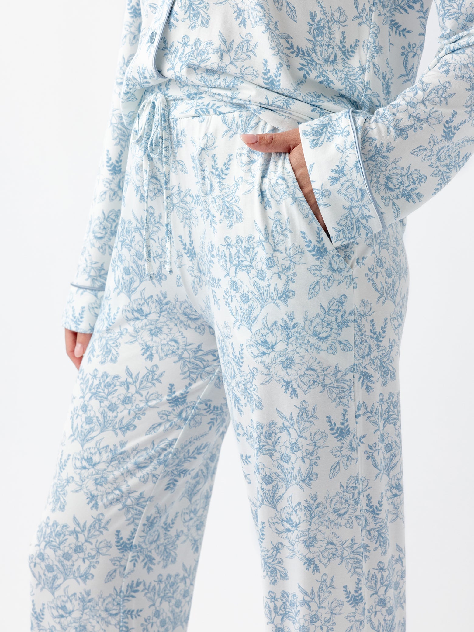 Sky Toile@woman wearing sky toile cozy earth pajamas