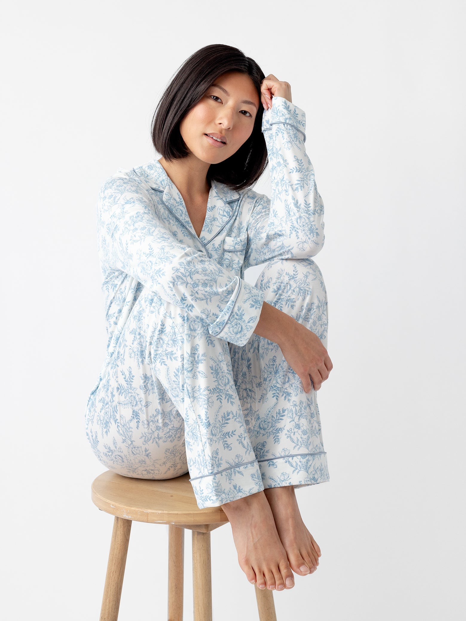 Sky Toile@woman wearing sky toile cozy earth pajamas