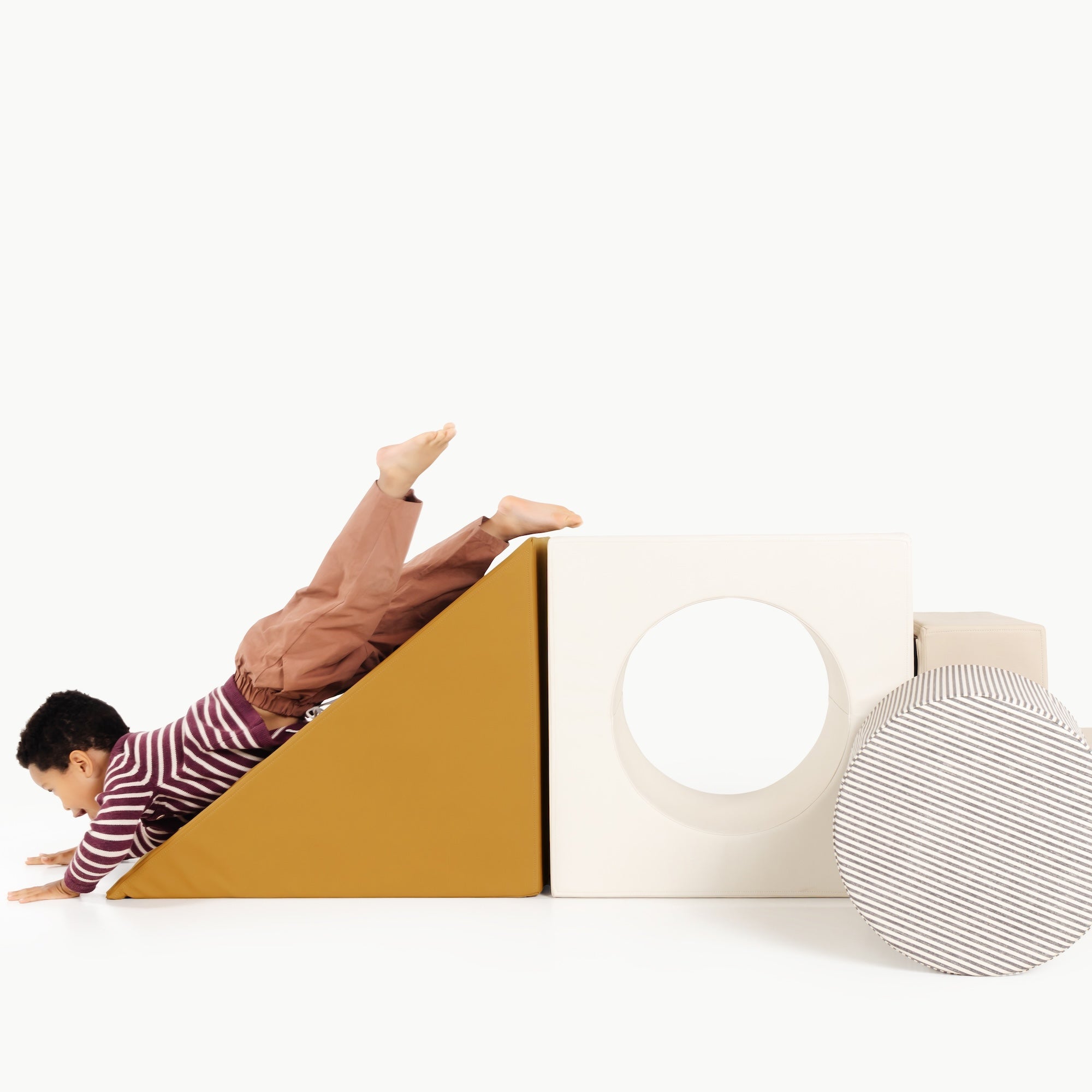 Saffron • Ivory • Stone Stripe • Millet@boy playing on block playset