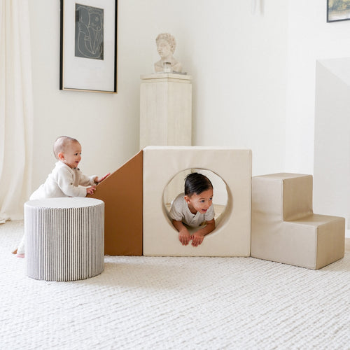 Camel • Ivory • Stone Stripe • Millet@Babies playing on the camel block playset