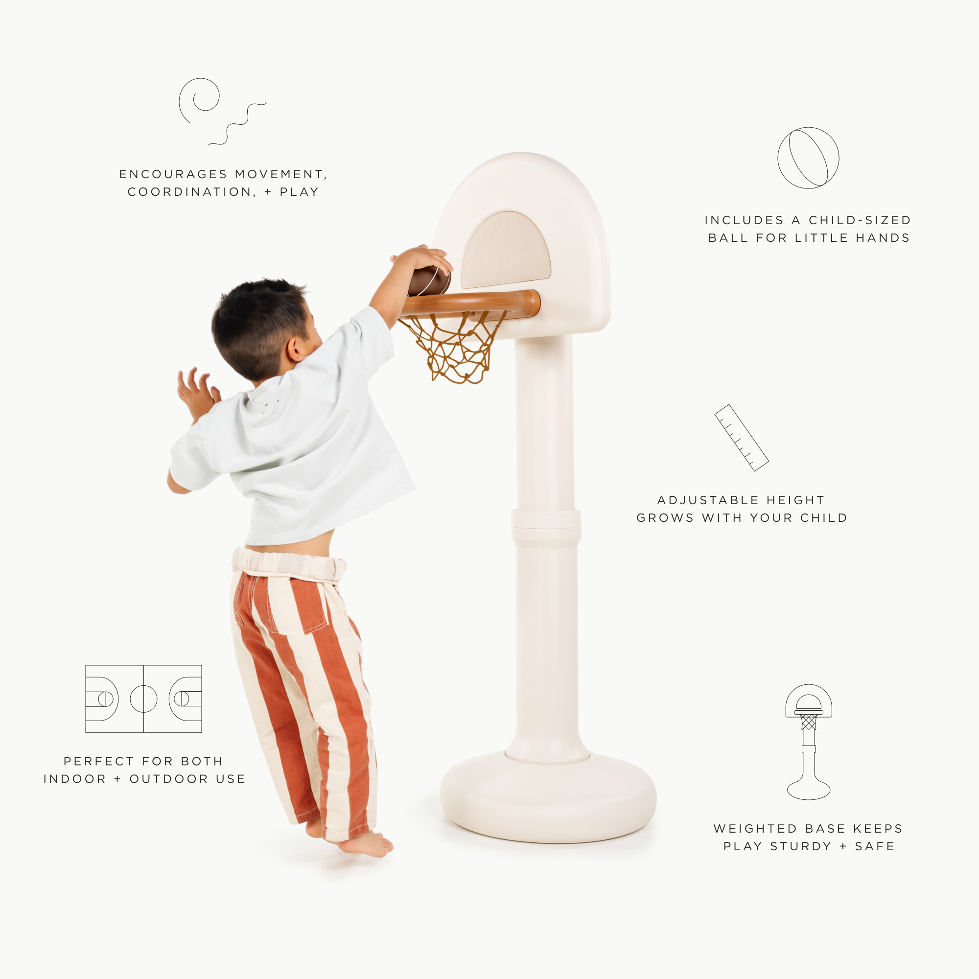 All@infographic for gathre basketball hoop. encourages movement, coordination, + play. includes a child-sized ball for little hands. perfect for both indoor + outdoor use, adjustable height grows with your child, weighted base keeps play sturdy + safe. 