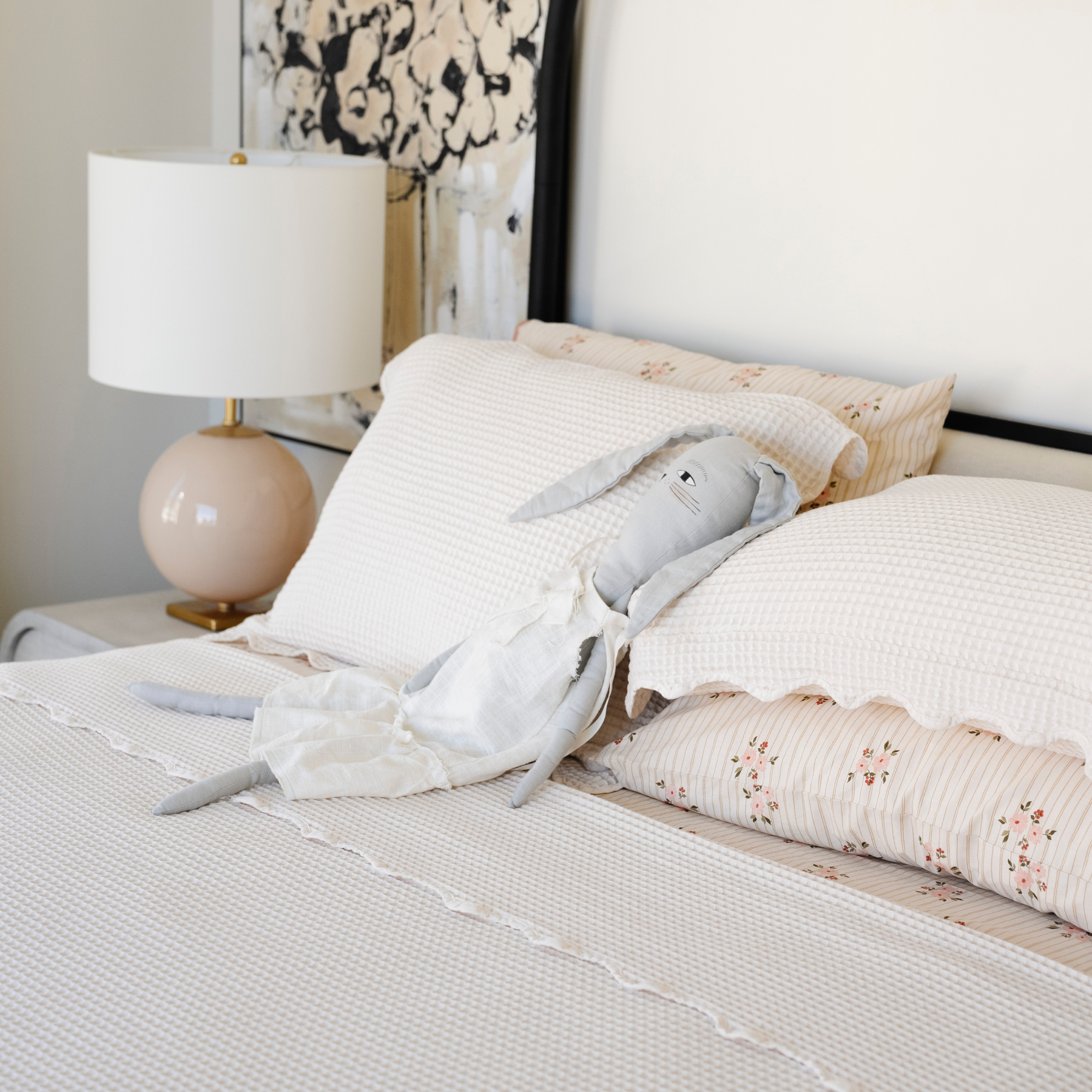 Ivory@Textured cotton waffle coverlet styled in a child’s bedroom