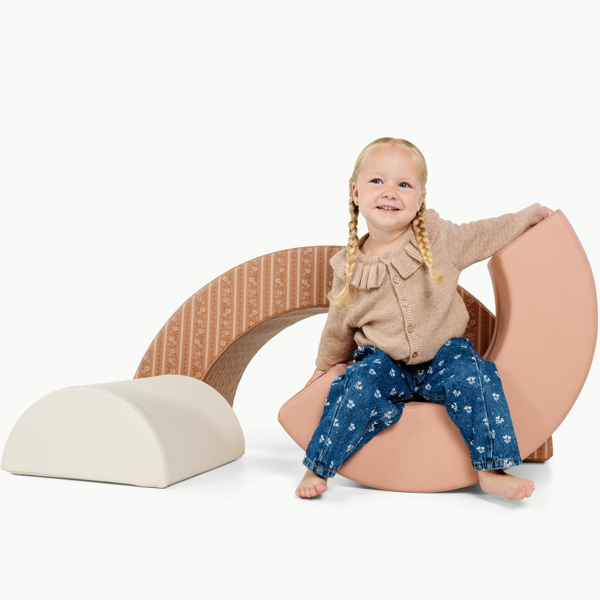 Floral Stripe • Adobe • Ivory@little girl playing with arc playset
