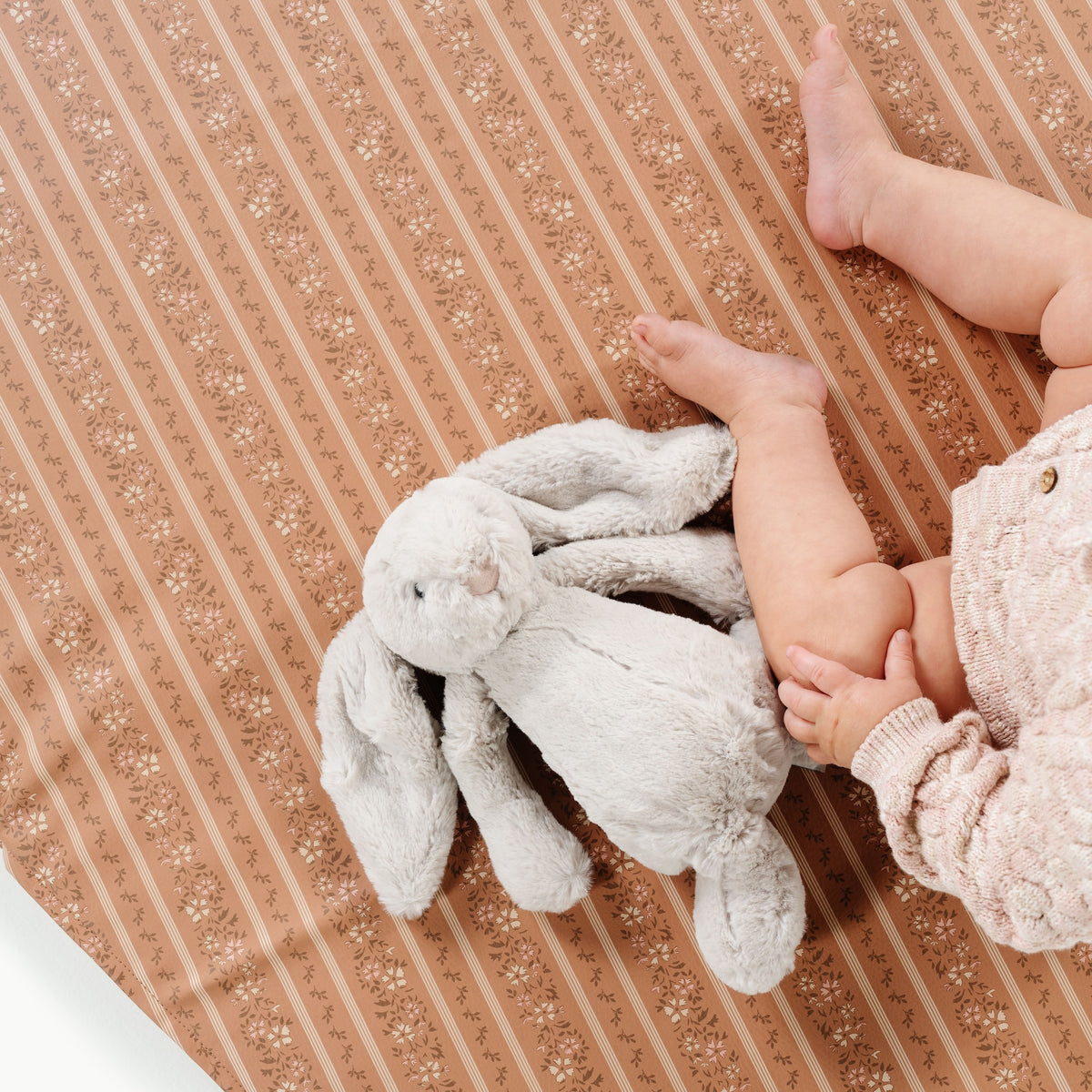 Floral Stripe@overhead detail image of baby playing on mini padded mat