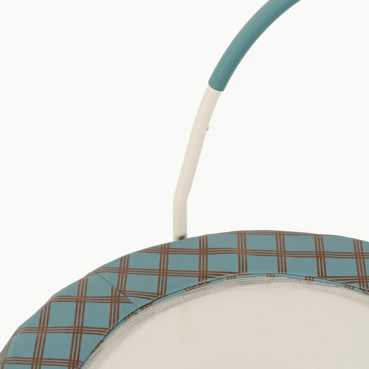 Rustic Plaid@Close-up of durable indoor trampoline designed for toddlers and young children