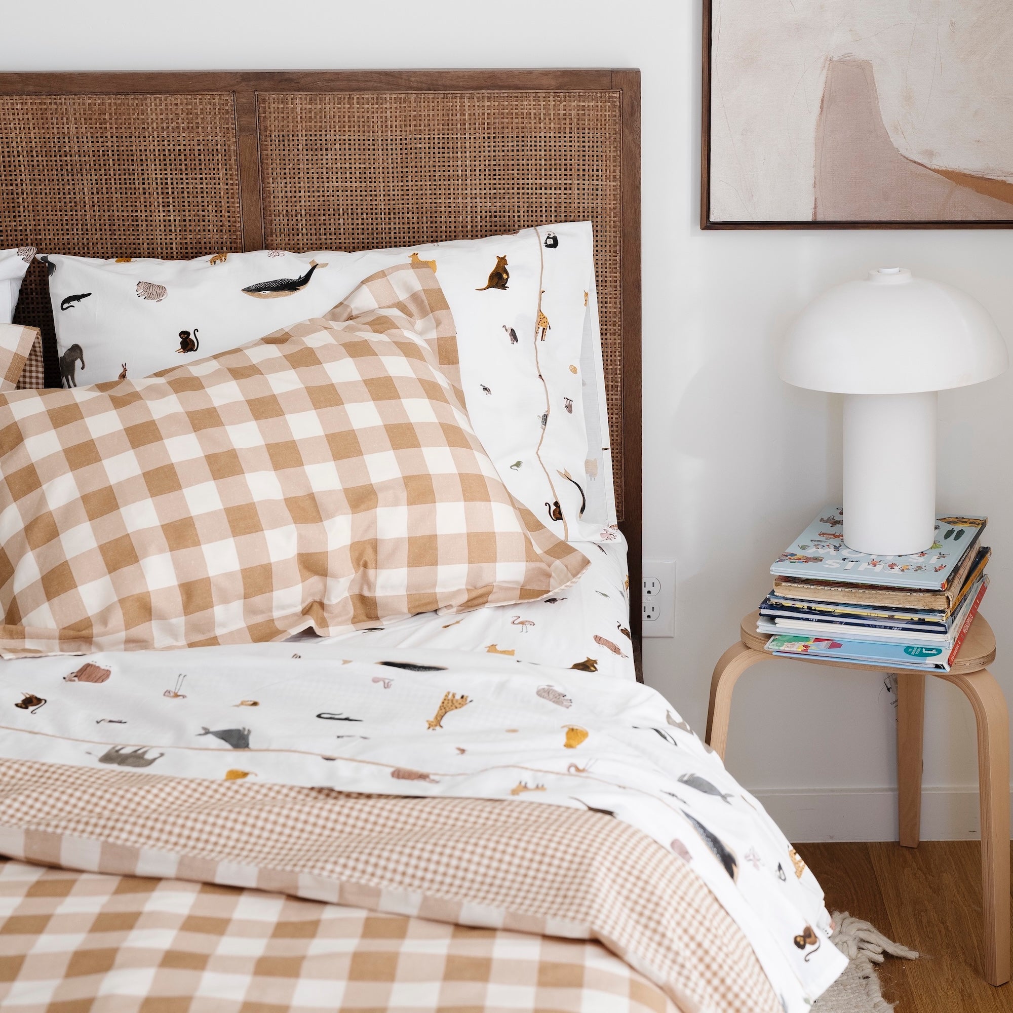 Tan Gingham@Kids cotton duvet cover set styled in a child’s bedroom
