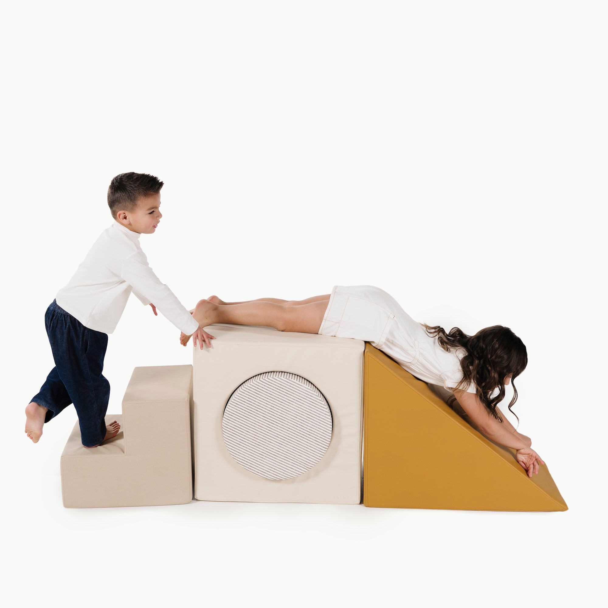 Saffron • Ivory • Stone Stripe • Millet@kids playing on block playset