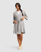 Grey@woman wearing a grey cozy earth robe