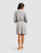 Grey@woman wearing a grey cozy earth robe