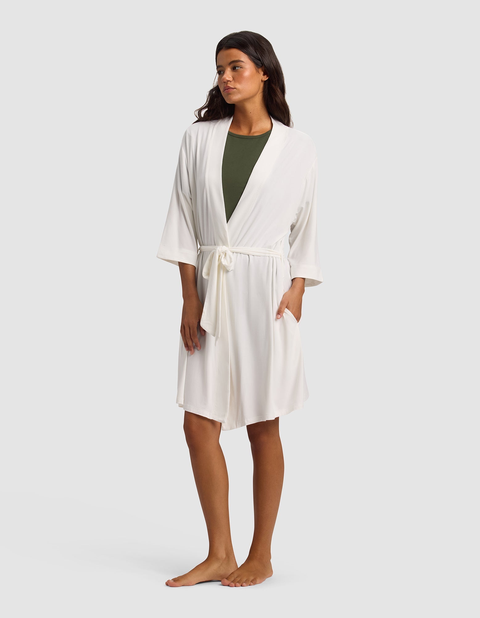 Ivory@woman wearing a Ivory cozy earth robe