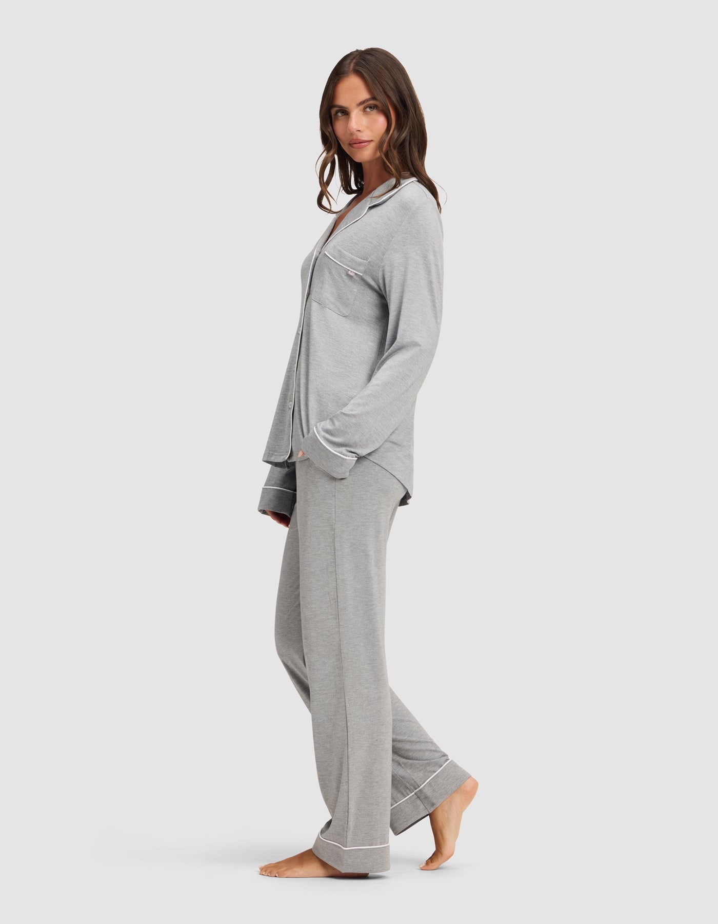 Grey@woman wearing grey cozy earth pajamas