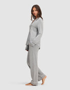 Grey@woman wearing grey cozy earth pajamas