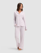 Lilac@woman wearing lilac cozy earth pajamas