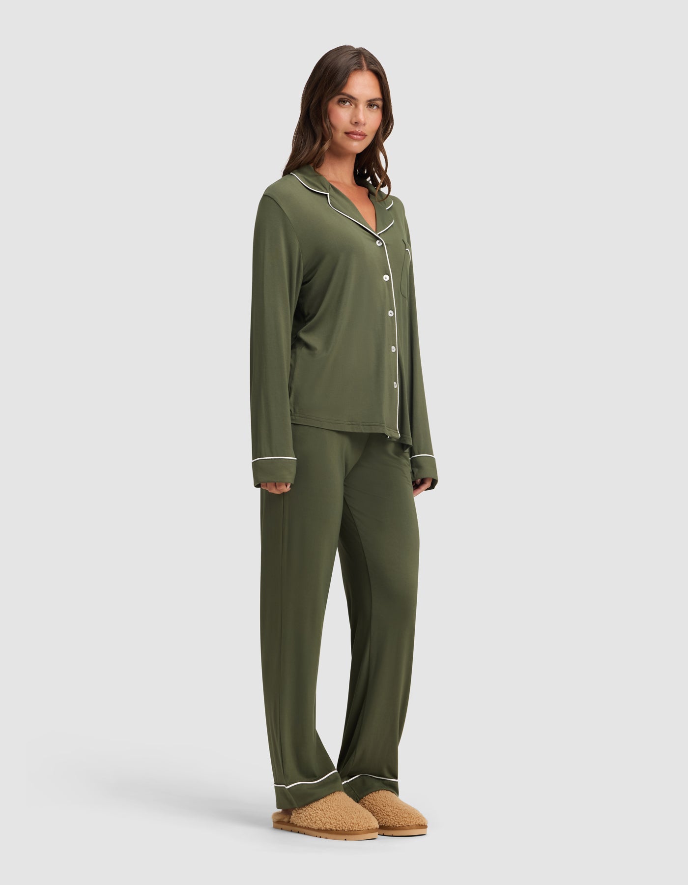 Olive@woman wearing olive cozy earth pajamas