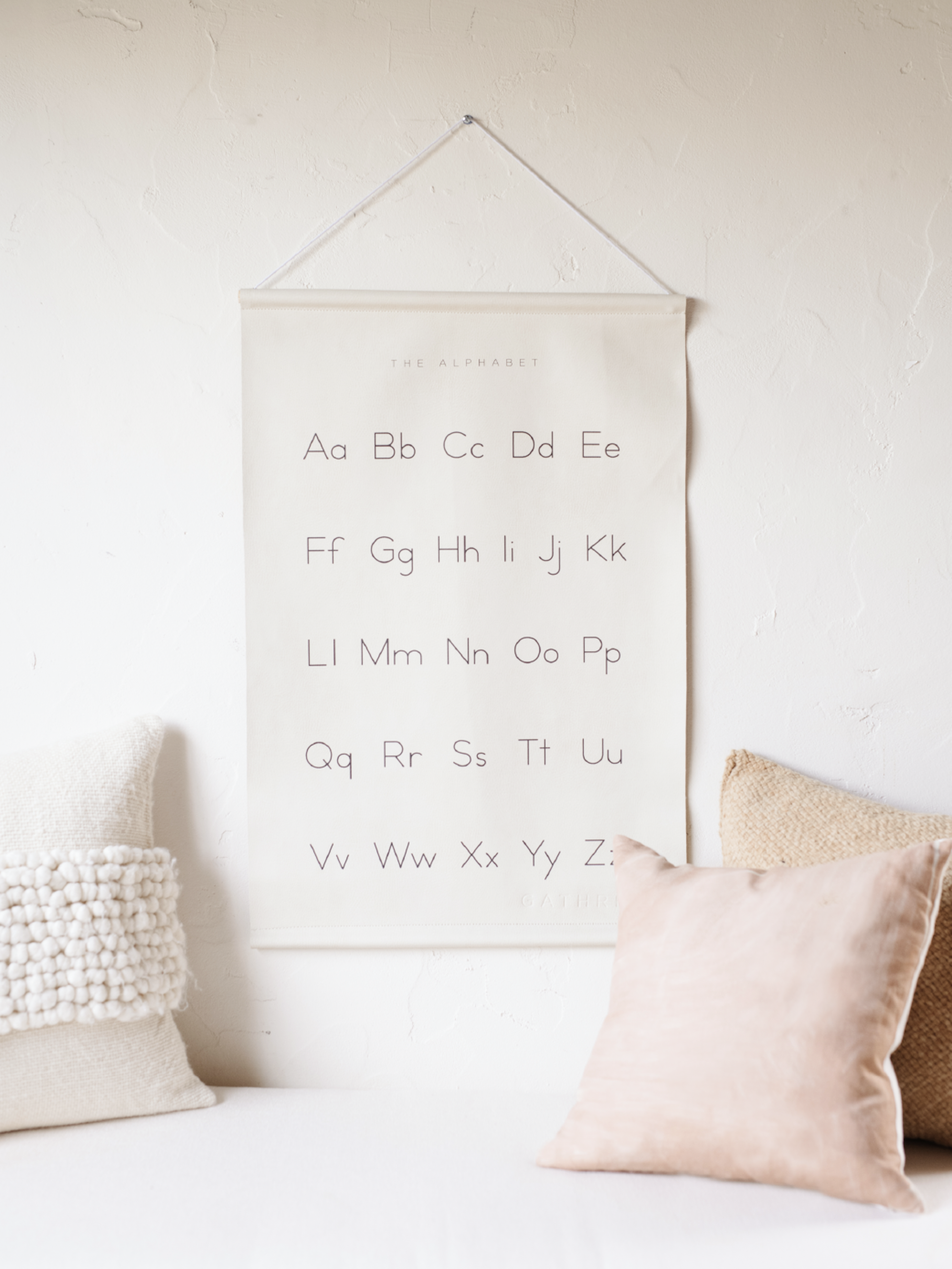 Alphabet poster hanging in a bedroom.